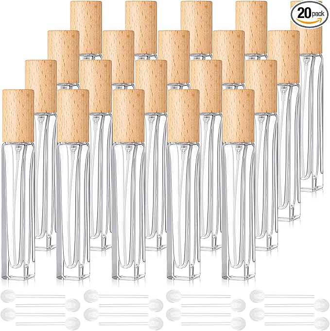 Domensi 20 Pcs 10/15/20/30 ml Perfume Travel Refillable Glass Bottles Spray Bottle Perfume Atomizer for Cologne Dispenser Leak-proof Fragrance Bottles Atomizer Pump Kit (10 ml,Light Wood Color)