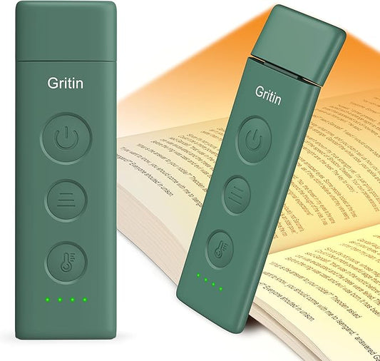 Gritin Book Light Rechargeable, Eye Caring 3-Color & 5-Brightness Clip on LED Reading Light for Books in Bed- Stepless Dimming, Long Lasting, Compact Size Flexible Book Lamp for Bookworms-Dark Green