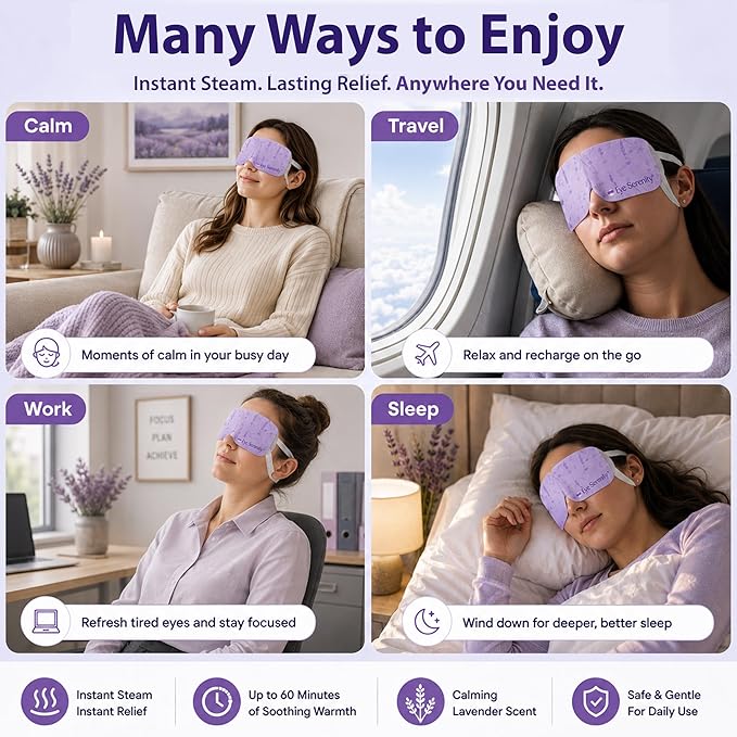 Eye Serenity Steam Eye Mask, Heated Eye Mask, Self Heating Warm Compress for Dry Eyes, Fast Relief for Stye, Puffy Sensitive Eyes, Moist Heat, Relaxation Gifts for Women and Men - Lavender