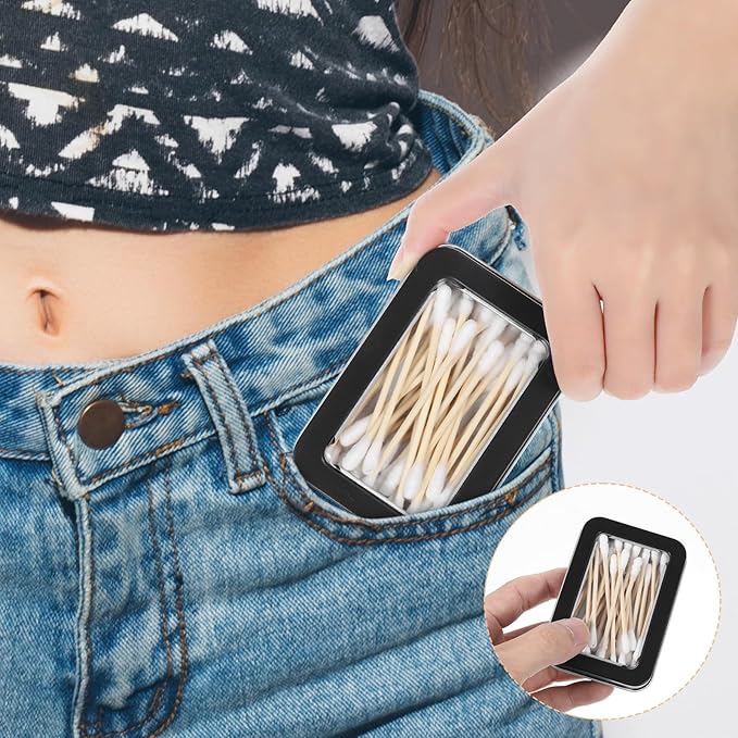 4 Pcs Travel Cotton Swab Holder, Portable Floss Pick Holder, Clear Dustproof Travel Qtips Case with Lid, Metal Cotton Ball Holders for Dental Floss, Hair Ties & Small Items (Black)