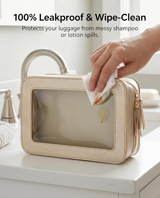 LETGO Clear Makeup Bags, TSA Approved Toiletry Bag with Zipper, Clear Makeup Organizer Fit Carry-on Travel Essentials,Clear Cosmetic Bags for Women Men (C-Gold)