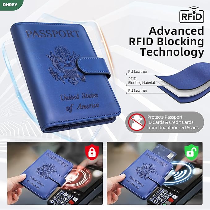 Passport Holder for Travel Family with Slot for AirTag & Luggage Tag Cover, – RFID Blocking Passport Wallet for Women & Men | PU Leather Passport Cover Case with Money Pocket – Blue