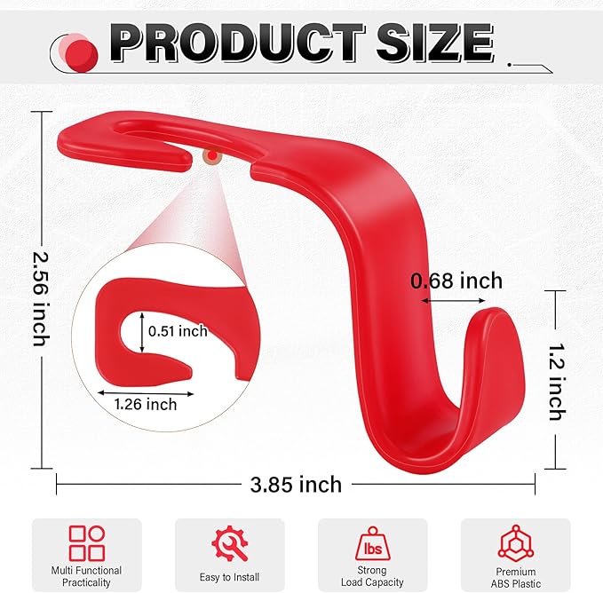 SINGARO 4 Pack Car Seat Headrest Hooks, Vehicle Back Seat Hanger Storage Organizer for Purse Handbag Backpack Coat Grocery, 360° Rotating Heavy Duty Holds 44lbs, Red