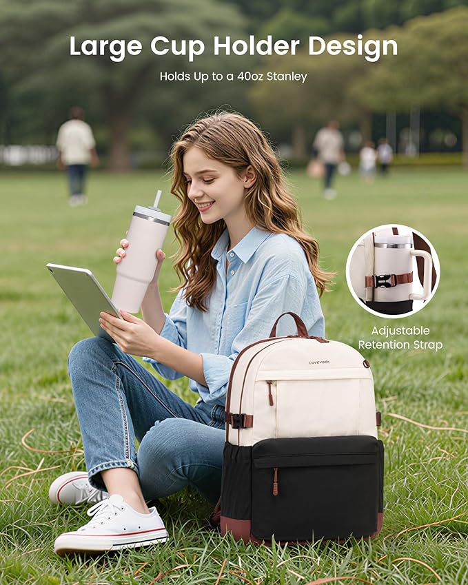 LOVEVOOK Laptop Backpack for Women with Giant Tumbler Holder,17.3 Inch Laptop Computer Bag Travel Backpack Purse,Waterproof Work Business Backpack College Bookbag Teacher Bags,Beige-Black-Brown