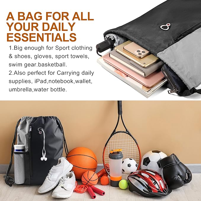 BeeGreem Grey Sport Bag Drawstring Backpack String Bag For Men Women Gym Backpack With Water Bottle Mesh Pockets And Two Zipper Pockets 16" x 20"