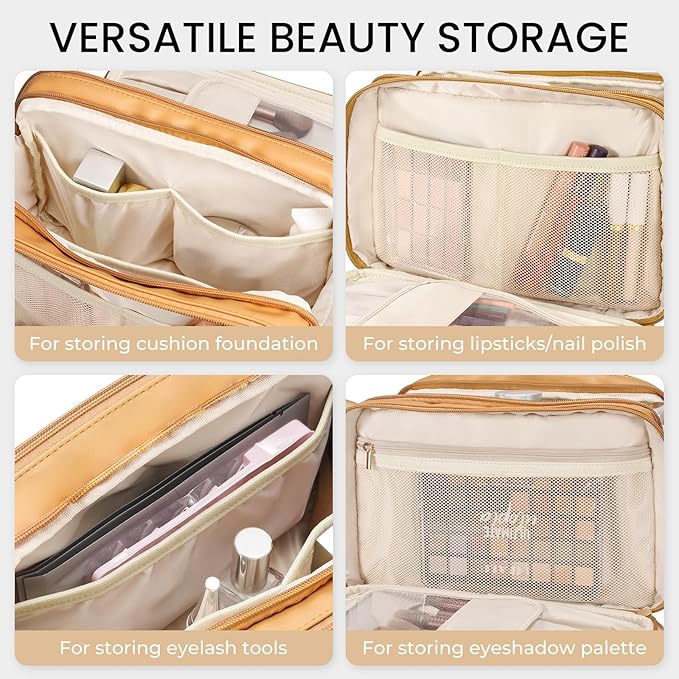 Travel Makeup Bag Women's Large Capacity Cosmetic Portable Organizer Large Opening Waterproof Storage Toiletry Bags Vertical Free-Standing Brush Holder for Easy Access Orange