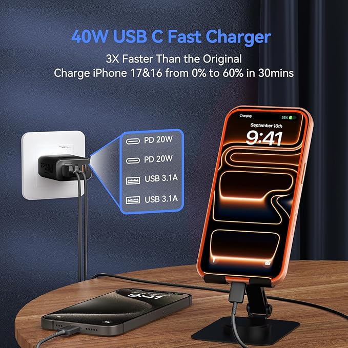 USB C Wall Fast Charger Block, 40W 4-Port Type C Chargers Fast Charging Blocks PD Power Charger Adapter+QC 3.0 USB Multiport Charger Brick for Phone 17/16/15/14/13/12 Pro Max, i-Pad, Galaxy S25-3Pack