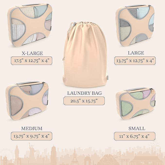 Shacke 5 Set Packing Cubes for Travel – Luggage Organizer & Suitcase Bags with Laundry Bag, Carry On Packing Organizer, Travel Accessories for Women Men (Nude Beige)