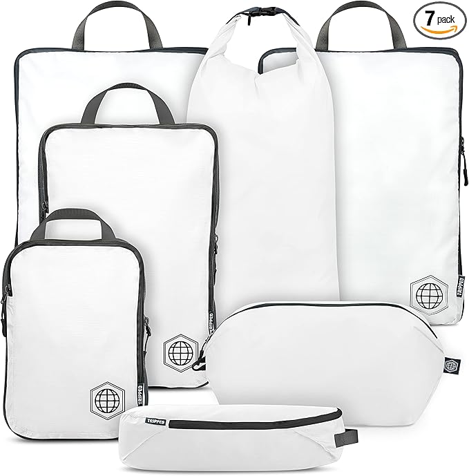 Large Compression Packing Cubes for Travel-Packing Cube Luggage Organizers 7 Piece Set for Checked Luggage-Ultralight, Expandable/Compression Bags by TRIPPED Travel Gear (White/Grey)