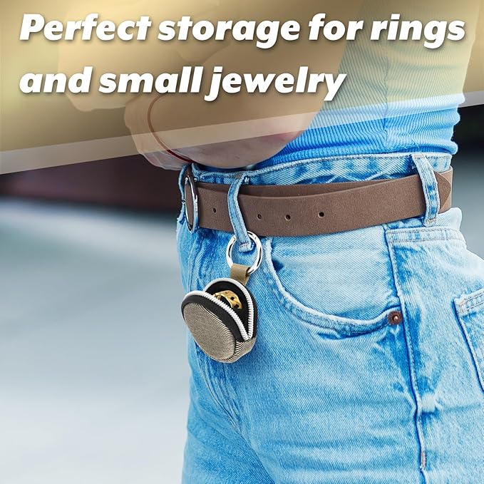 Portable Ring Organizer Case with Keychain, Traveling Ring Holder Storage Bag, Anti-Lost Keychain Container for Rings, Jewelry (1, Golden)