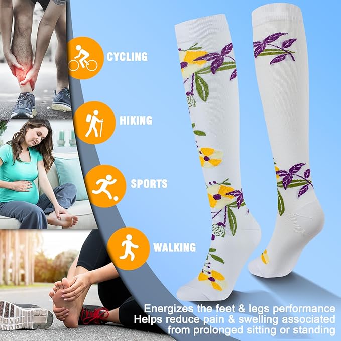 bropite Flora Compression Socks for Women & Men-Knee high 6 Pairs 20-30mmhg Support Running Nurse Travel