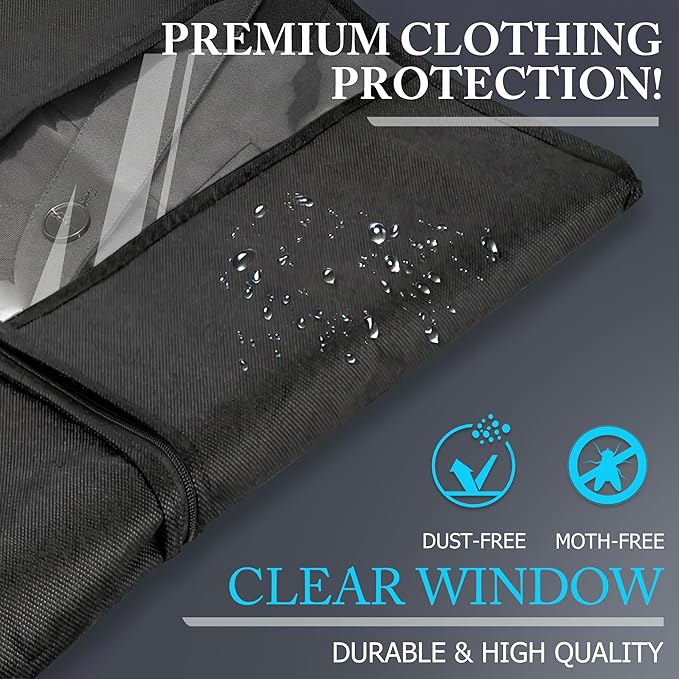 Hleelomi 60-inch Suit Bag Garment Bag for Travel and Storage, Garment Bags for Hanging Clothes with Zipper and Visible Transparent Window,1 Pack，Black