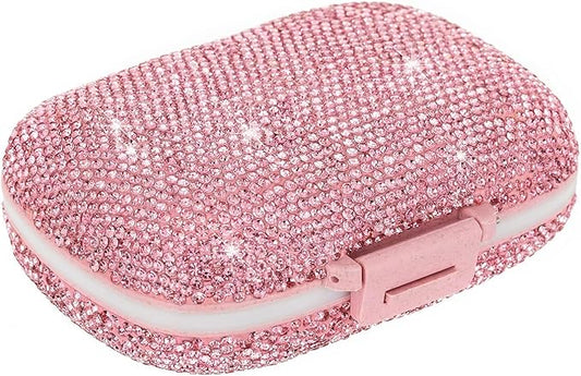 Cute Pill Organizer Small Bling Pill Case for Purse Medicine Vitamin Container Holder Daily Pill Box Container for Women Travel Medicine Kit(Pink)