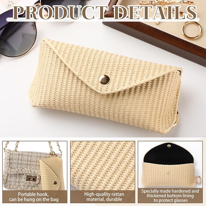 Leinuosen Woven Straw Sunglasses Case with Clip, Hard Shell Boho Rattan Pouch, Portable Travel Beach Accessory for Women Girl