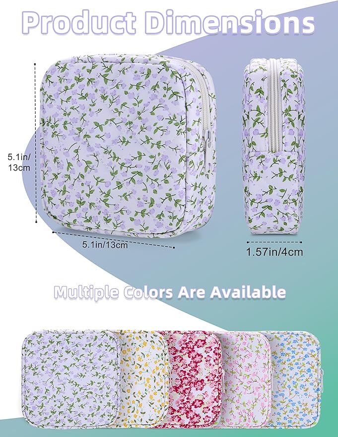 Period Bag for Girls, Quilted Period Pouch for Women, Floral Sanitary Napkin Storage Bag Menstrual Pad Pouches Tampon Holder for Purse Pad Bag Gifts for Teen Girls(Purple)