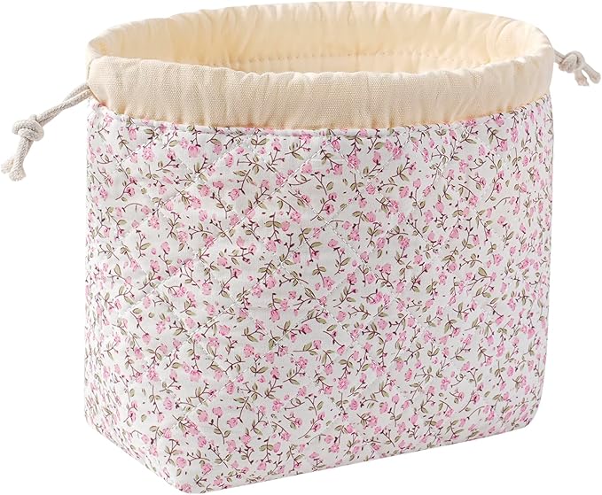 uekeboag Cotton Quilted Seersucker Makeup Bag with Canvas Lining,Coquette Aesthetic Cute Travel Toiletry Bag,Drawstring Gift Bag for Women and Girls（Pinkfloral）