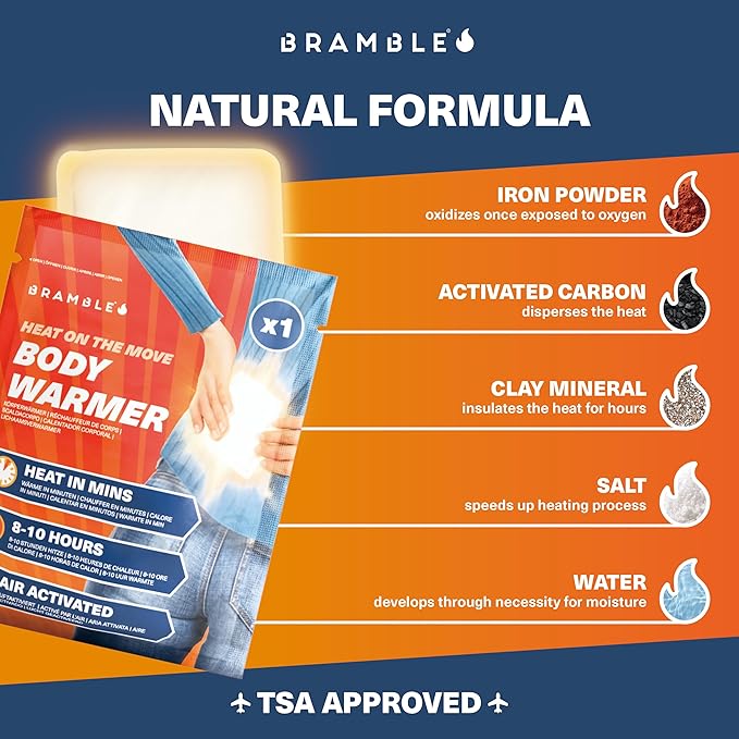 Bramble - Adhesive Body Warmers (40 Pack) - Ultra-Thin Stick-On Patches for Targeted Warmth - Air-Activated & Odour-Free - Up to 10 Hours of Heat