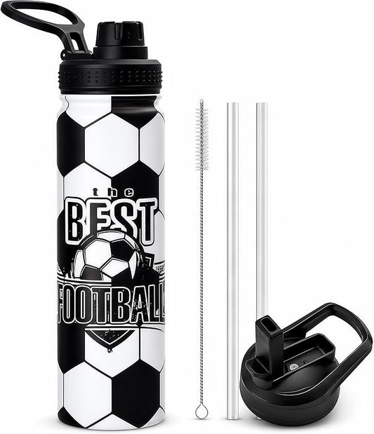 Soccer Water Bottle, 24 oz Insulated Stainless Steel Sports Bottle with Straw, Soccer Stuff Gifts for Boys