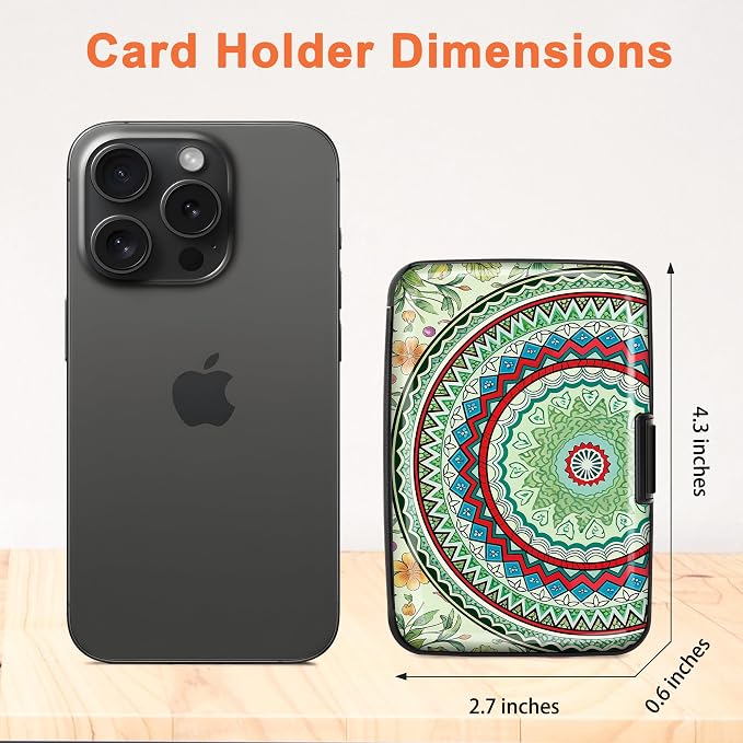 Mayski 2 Pack Credit Card Holder for Women, RFID Blocking, Green Mandala Aluminum Alloy Hard Case, Small Mini Business Metal Wallet for Men