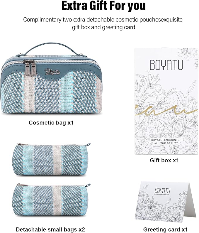 BOYATU Travel Makeup Bag Cosmetic Bag for Women: 3 Pcs Set Make up Bag with Compartments - Waterproof Vegan Leather Toiletry Bags with Handle - Makeup Organizer for Travel Essentials(C-1-Blue)