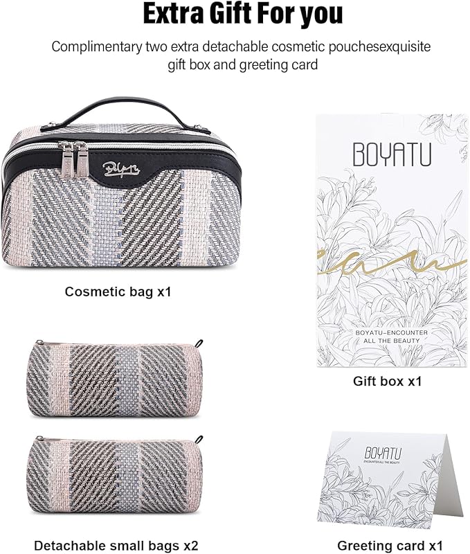 BOYATU Travel Makeup Bag Cosmetic Bag for Women: 3 Pcs Set Make up Bag with Compartments - Waterproof Vegan Leather Toiletry Bags with Handle - Makeup Organizer for Travel Essentials(C-4-Black)