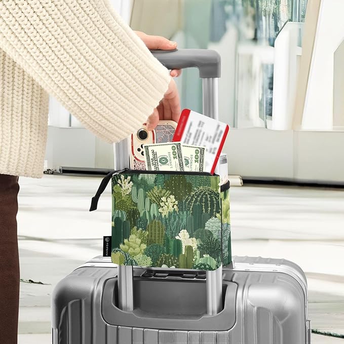 Luggage Cup Holder for Suitcases Free Hands Suitcase Cup Holder Travel Luggage Drink Holder Portable Luggage Cup Caddy Bag Carrier with Handle Green Cacti Plants