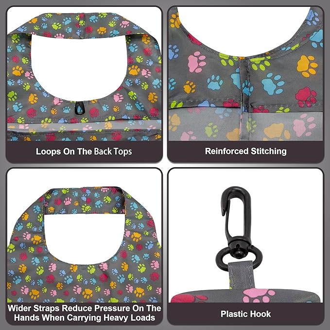 HOLYLUCK Reusable Grocery Bags,Heavy Duty Foldable Shopping Tote Bag (Standard, 3 Dog Paw Prints)
