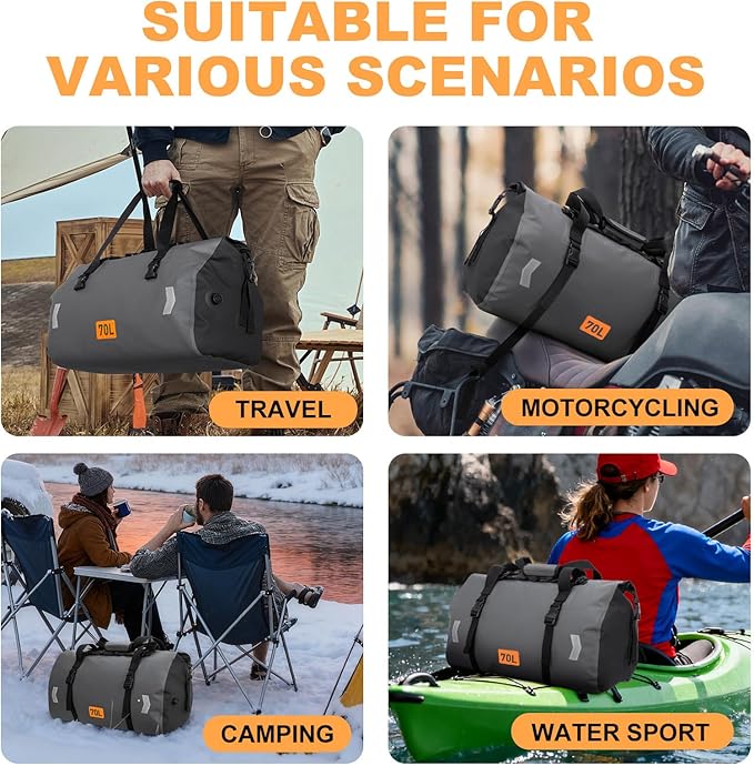 OCKLILY Waterproof Dry Bag, 70L Roll-top Motorcycle Tail Bag with Air Valve & Quick-fixed Straps, Travel Duffle Bags for Kayaking Paddle Boarding Rafting Boating Camping Riding Fishing - Grey