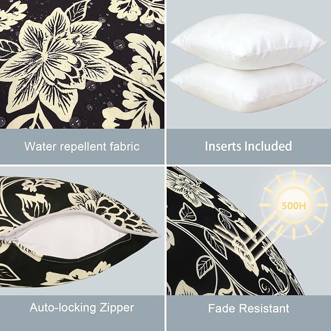 LVTXIII Outdoor Throw Pillows 18x18 Patio Waterproof Square Pillows with Piping Fade Resistant Accent Pillow for Spring Summer Garden Decoration, Set of 2, Elegant Vines Black