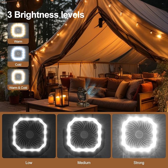 Odoland Portable Camping Fan with LED Lantern, 20000mAh Rechargeable Battery Powered Fan with Auto Oscillation, Timer, Remote, 360° Rotation Hook, 4 Speeds for Power Outage Travel Home,Brown