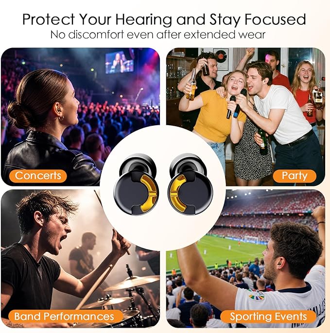 Adjustable Ear Plugs - 3 Noise Cancelling Modes for Concerts, Work, Travel & More, Reusable Hearing Protection with 4 Sizes (XS/S/M/L), Comfortable Ear Plugs for Noise Reduction, Black Gold