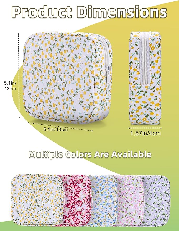Period Bag for Girls, Quilted Period Pouch for Women, Floral Sanitary Napkin Storage Bag Menstrual Pad Pouches Tampon Holder for Purse Pad Bag Gifts for Teen Girls(Yellow)
