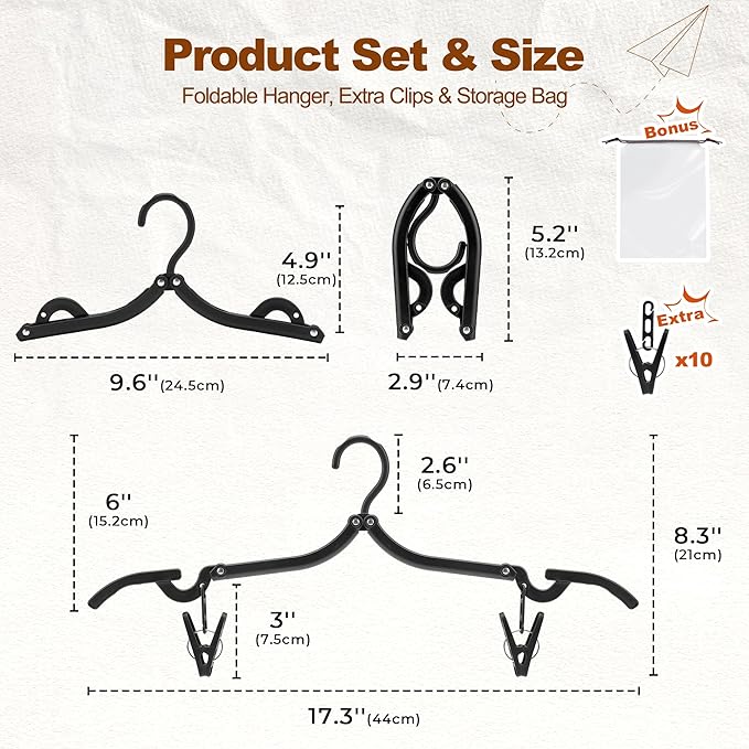 HOUSE DAY 10 Pack Travel Hangers with Clips, Cruise Essentials 2026, Black Foldable Hangers for Pants Skirt, Lightweight Portable Collapsible Clothes Hangers Space Saving Set for Hotel, RV, Dorm