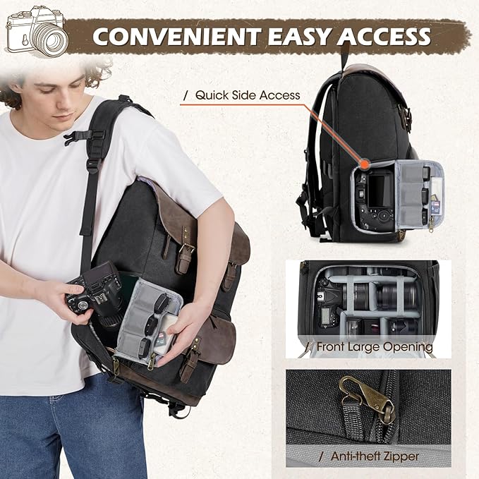 RAINSMORE Camera Bag Professional for DSLR/SLR Mirrorless Waterproof 15.6 Inch Laptop Photography Backpack with Side Access Rain Cover Tripod Holder Large Anti-Theft Camera Backpacks for Photographers