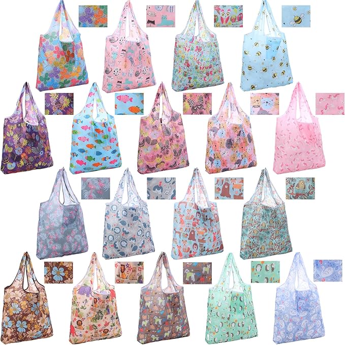 Weewooday 18 Pieces Foldable Reusable Shopping Bags Machine Washable Grocery Bags Waterproof
