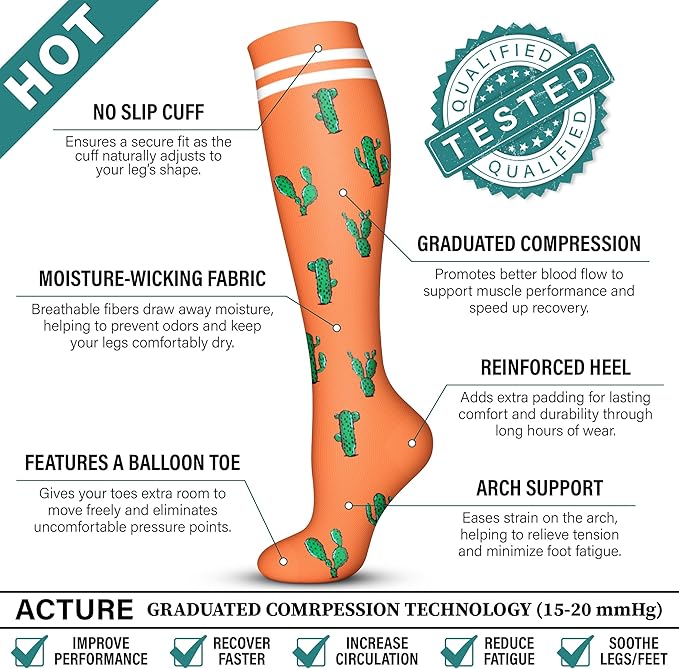Acture 6 Pack Compression Socks for Women and Men - Knee High for Medical, Running, Nurses, Travel