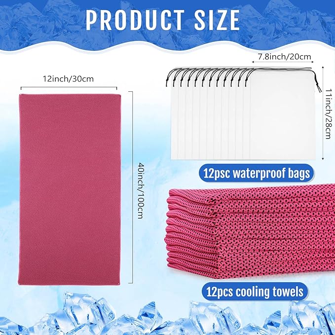 Hosuly 12 Pcs Cooling Towels for Face and Neck 12 x 40 Inch Workout Towels for Gym Fast Drying Hot Weather Sweat Rag Cold Cooling Cloth with 12 Bags Athletes Sport Yoga Golf(Rose Red)