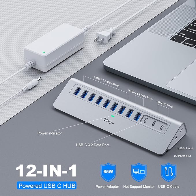 Powered USB Hub 10Gbps, intpw 12-Port USB 3.2 Hub with USB A/USB C 3.2, 7 USB 3.0, 2 PD 45W Charging Port, 65W Power Adapter and 5FT Cable, Aluminum USB Hub for Laptop, iPhone 17/16/15/PC