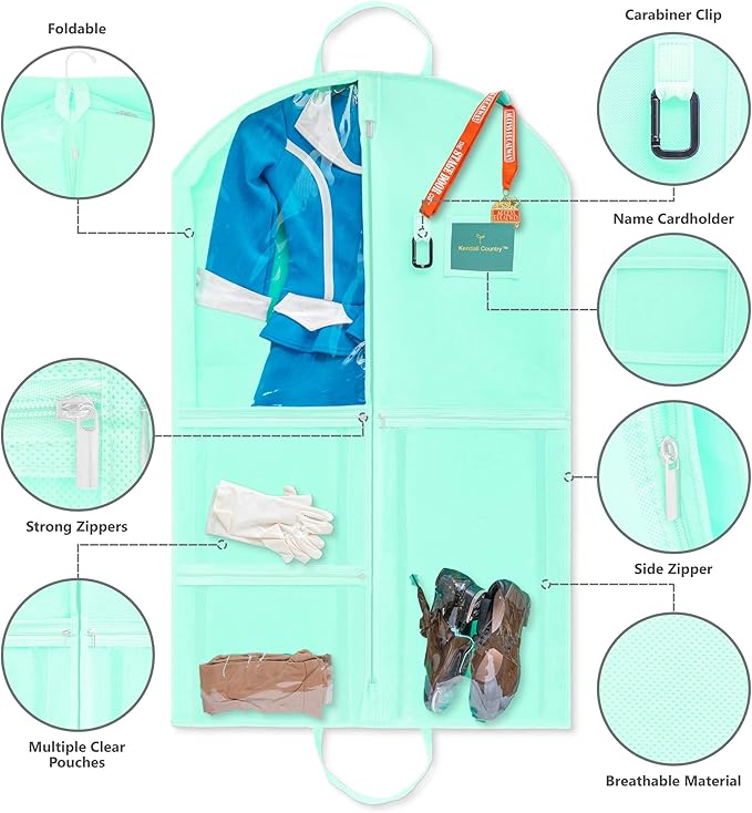 Waterproof Hanging Garment Bag 40 inch Clothes Bag with Gusset, 5 Pockets & Side Zip for Dance Costumes, Sports, Skating, Theatre, Beauty Pageants, Cheer & More by Kendall Country, Sea Foam Green