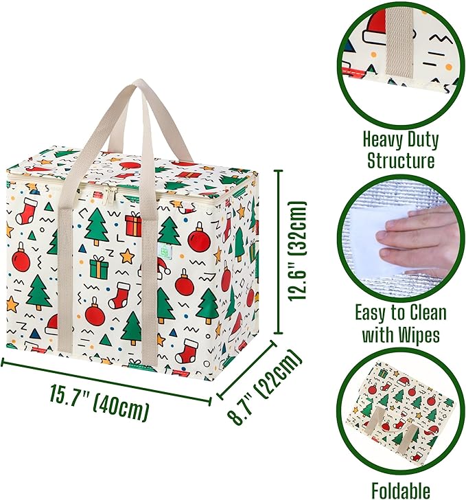 VENO 2 Pack Insulated Cooler Bag for Food Delivery, Reusable Grocery Shopping Bag, Heavy Duty, Large Size, Durable Handles, Double Zippers, Lid, Collapsible (Jingle Mix, 2 Pack)
