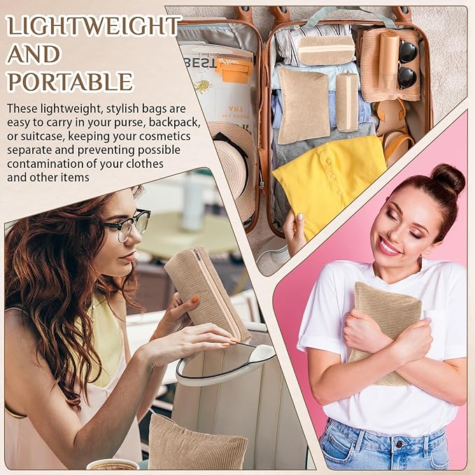 Huhumy 3 Pcs Makeup Bag Set for Women Corduroy Cosmetic Pouch Aesthetic Smile Travel Toiletry Bag Cute Purse Pouch Pencil Case Makeup Brushes Storage Organizer with Zipper(Khaki,Solid Style)