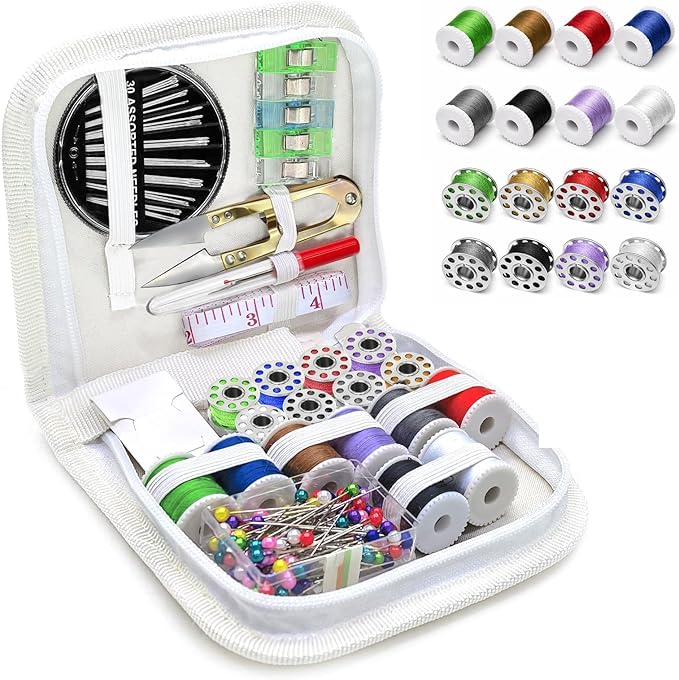 bcooss Sewing Kit for Adults: Portable Sewing Supplies Including Scissors, Threads, Needles, Pearl Pins, Seam Ripper, Tape Measure, Bobbins, Clips - Sewing Machine kit for Beginners Home Travel