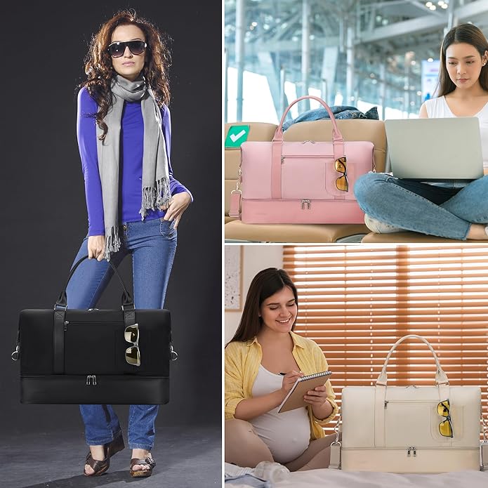 Women's Weekender bag Travel Duffel Bag with Shoe Compartment 21-inch Airline-Approved Carry-On, 2-Piece Overnight Bag Set Personal Item Luggage