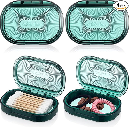 Kigley 4 Pcs Hair Tie Container Small Portable Travel Cotton Swab Holder Dispenser with Lid Plastic Box Storage Containers for Small Items, 3.94 x 2.76 Inch (Green)