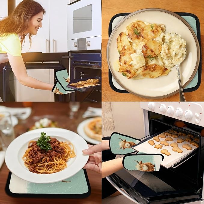 Cute Snow Calf Pot Holders with Pockets 2 PCS, Heat Resistant Oven Mitts Hot Pads for Kitchen Baking Cooking, Square Thick Pot Holders Kitchen Hot Potholders, 8.5x10 Inches