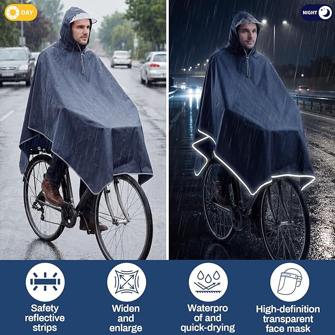 Coume 2 Pack Waterproof Rain Poncho with Reflective Strips Reusable Cycling Hooded Raincoat Packable Rain Cape for Adults