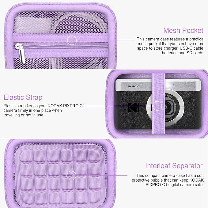 RAIALL Carrying Case for KODAK PIXPRO C1 Friendly Zoom Digital Camera, Point and Shoot Vlogging Camera Hard Travel Bag, Mesh Pocket for Charging Adapter, SD Card, USB Cable and Batteries, Purple