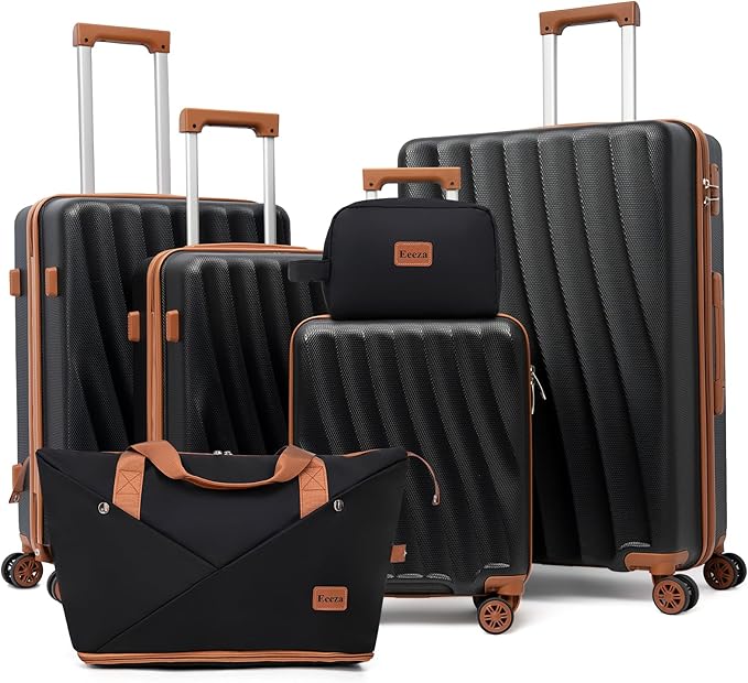 Luggage Sets 6 Piece Suitcases with Wheels,ABS Hard Case Suitcases with Spinner Wheels,Durable Travel Luggage with Combination Lock (Black, 6 Piece Set 16"/20"/24"/28")