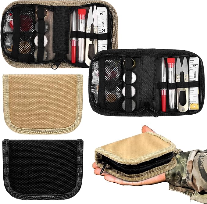 Suncalla Military Survival Sewing Kit Tactical with Buttons Durable Nylon Portable Small Sewing Kit for Men Women Complete Thread Needle Repair Tools for Travel Field Emergency(Black Brown,2)