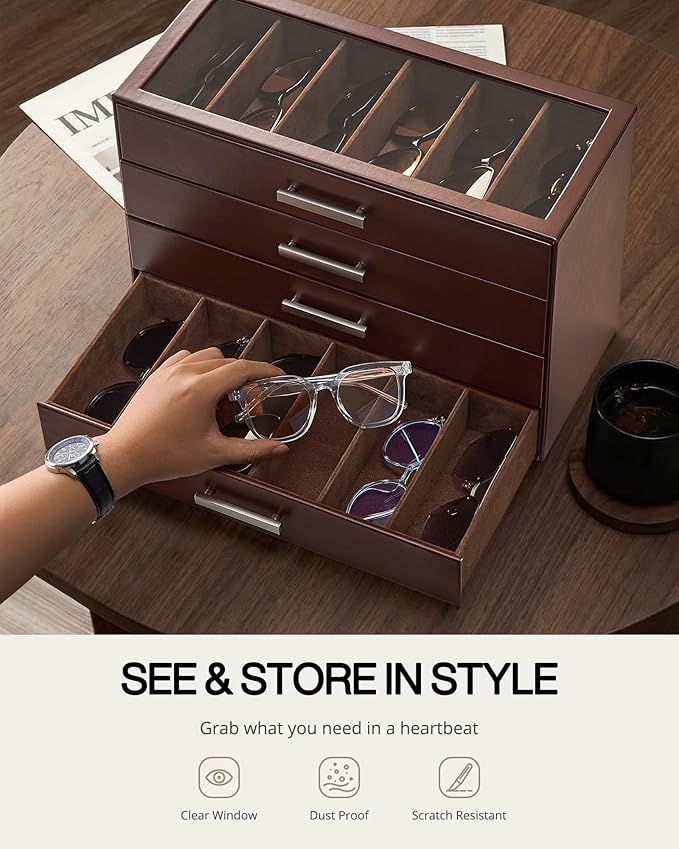 ProCase Sunglasses Organizer Box with Clear Glass Lid, PU Leather Eyeglass Storage Display Case for Men and Women